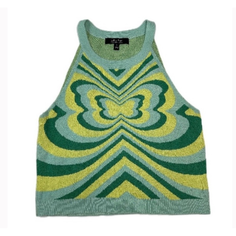 Witty Fox Butterfly Swirl Halter Knit Tank Top XL Green Yellow Summer Festival‎